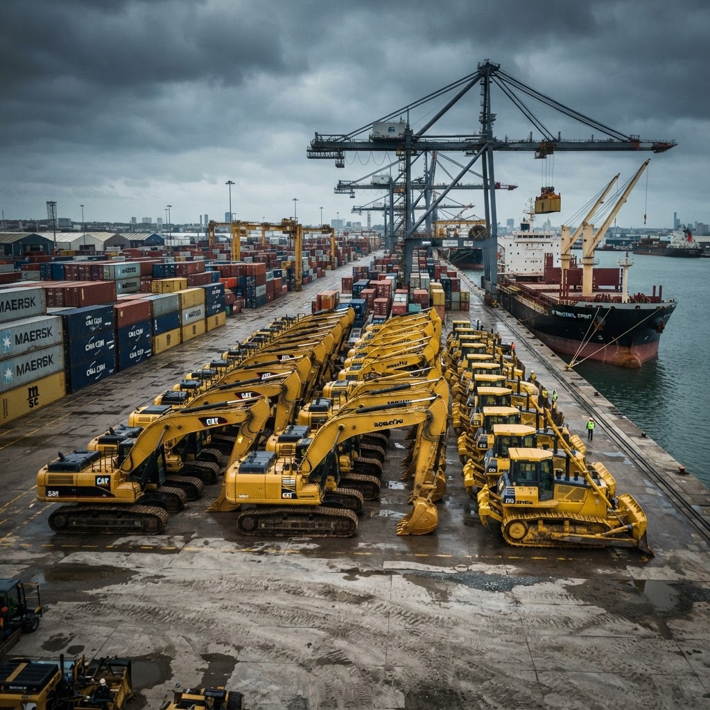 Construction equipment lined up at a shipping port for export