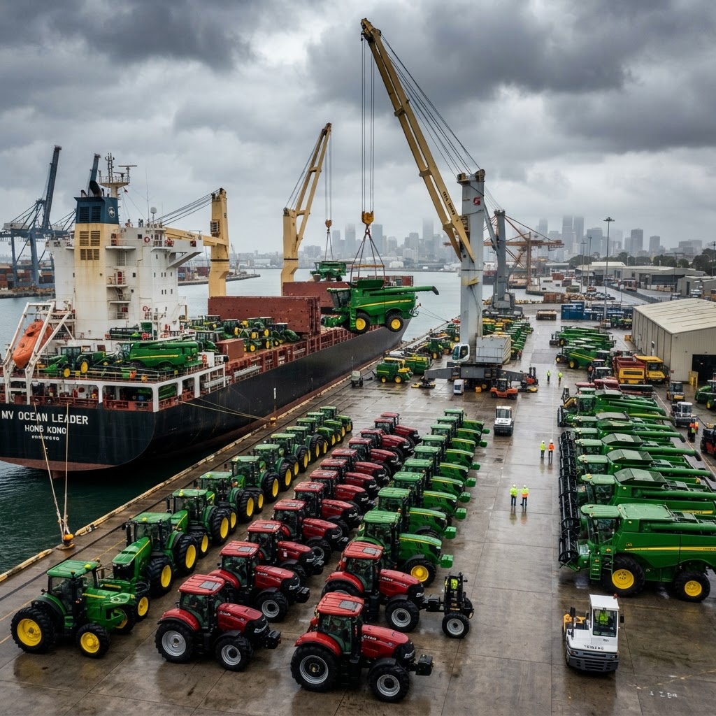 Agricultural equipment being loaded onto a cargo ship