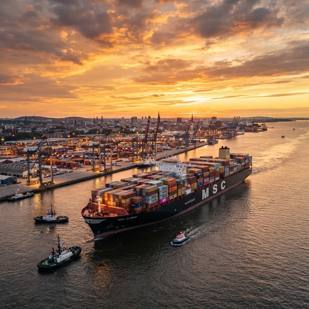 Container ship departing port at golden hour