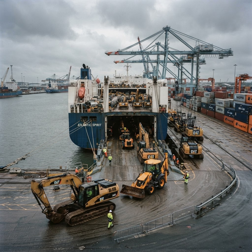 Heavy construction equipment being loaded onto a cargo ship at port