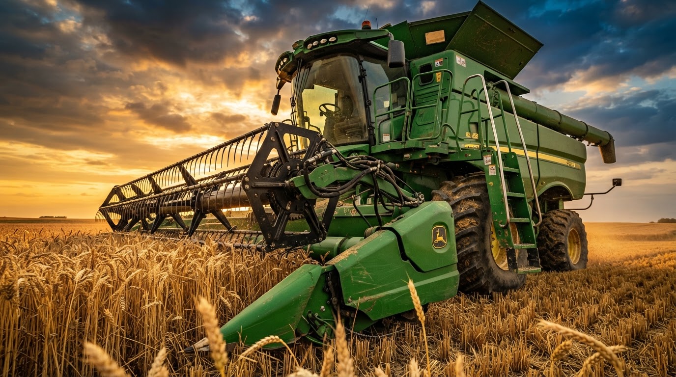 Agricultural equipment in golden wheat field