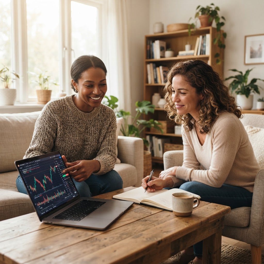 One-on-one investing coaching session in a warm home setting