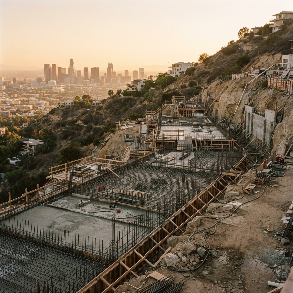 Concrete foundation being poured on a Hollywood Hills lot