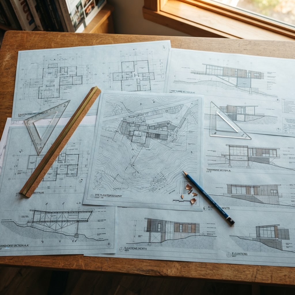Architectural blueprint drawings of a modern hillside residence
