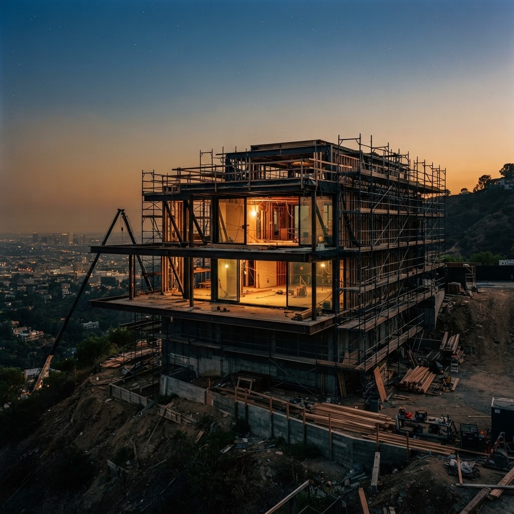 Wooden framing rising against the sky on a hillside construction site