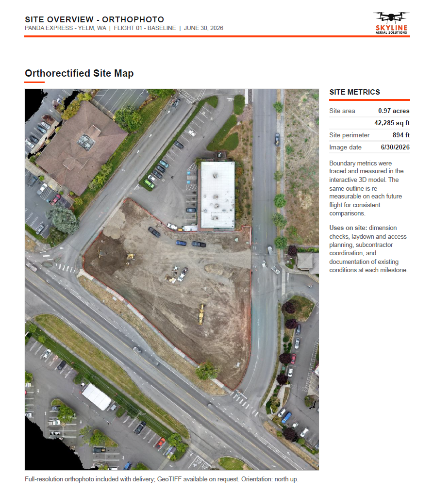Example of a Skyline aerial progress report showing site overview with boundary measurements