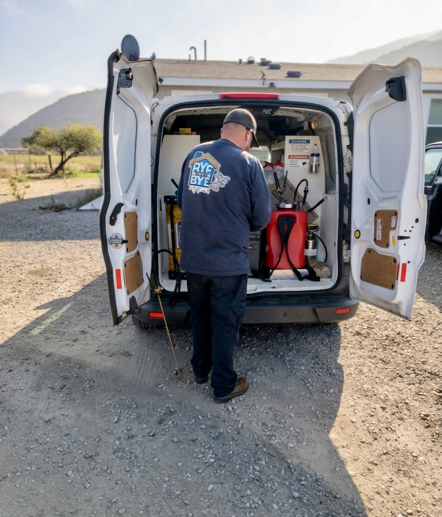 Bye Bye Pest Control technician applying targeted pest control treatment at a San Diego County home