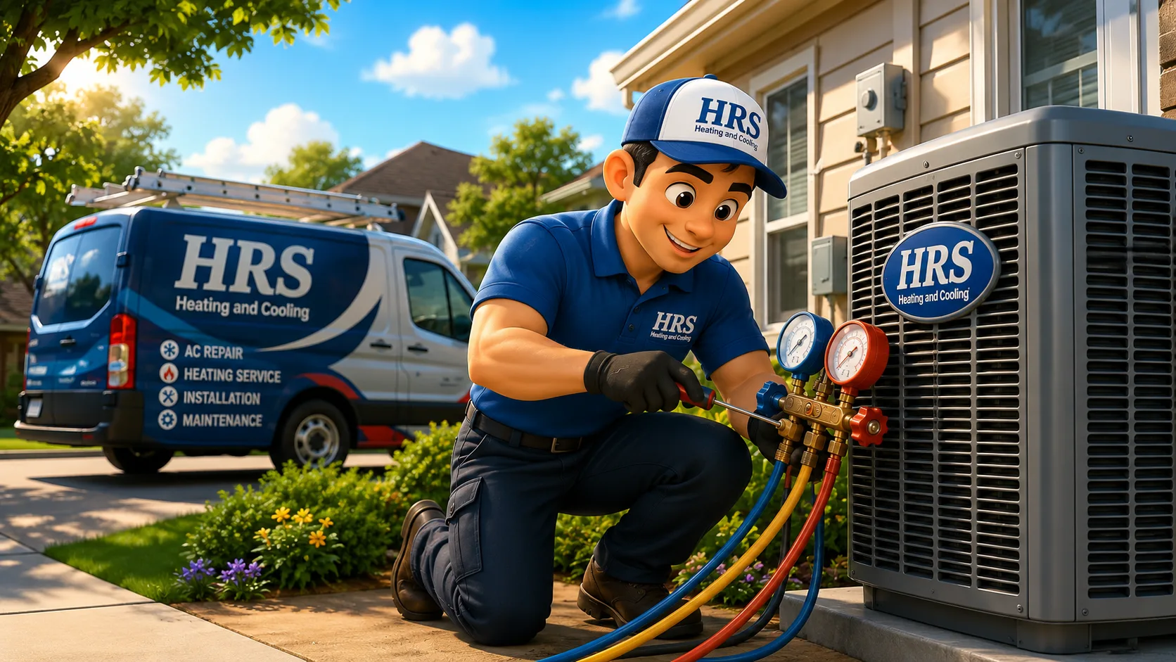 HRS Heating And Cooling technician repairing an AC unit