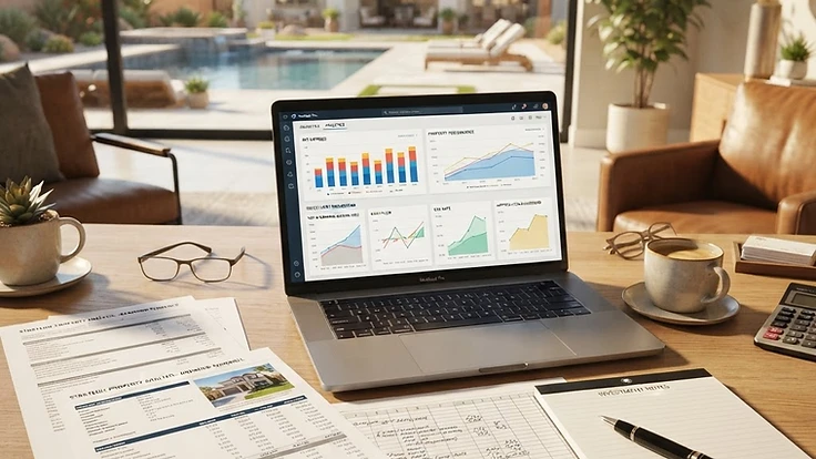 Real estate investment analysis desk with financial charts, property documents, and a modern home visible through the window