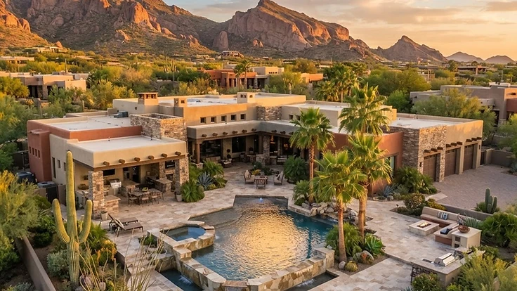 Modern luxury home with a private swimming pool in Scottsdale, Arizona at golden hour