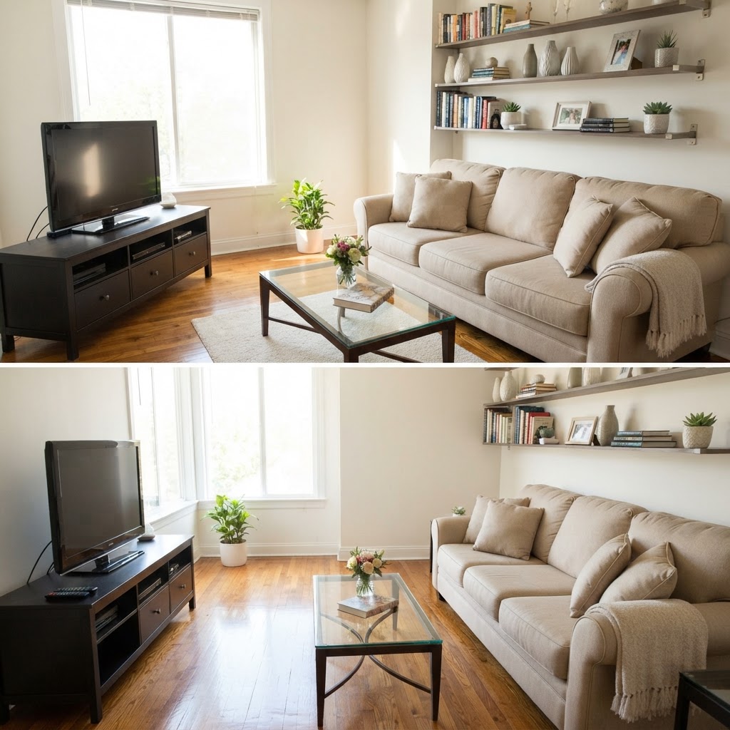 Spotless clean living room after professional cleaning