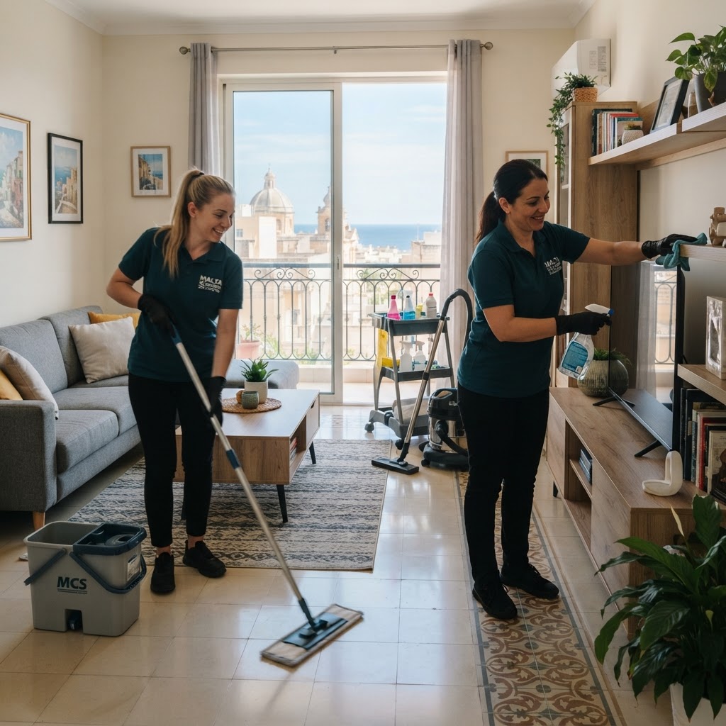 Professional cleaning team at work in a Malta property