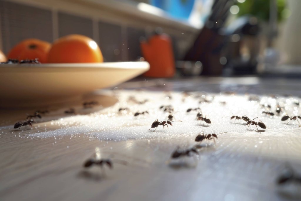 Ants foraging on kitchen counter