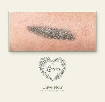 Liviera Olive Noir shimmer eyeliner swatched on skin β deep olive-black with gold and green shimmer
