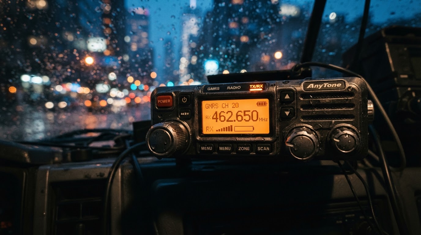 GMRS radio dial at night