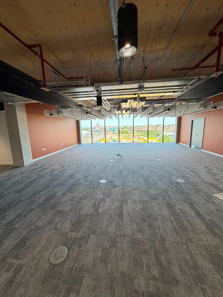 Upper floor corridor — decorative lighting and cabling