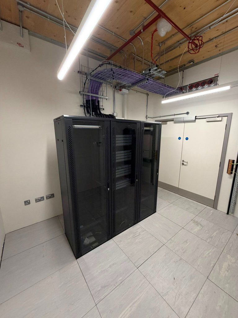 IDF room — server racks and structured cabling infrastructure