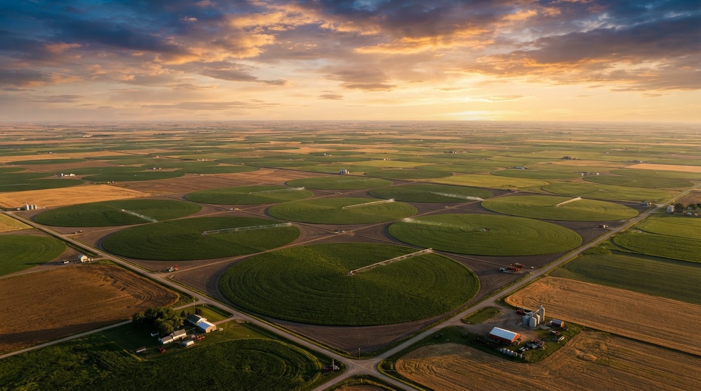 Vast agricultural landscape at golden hour