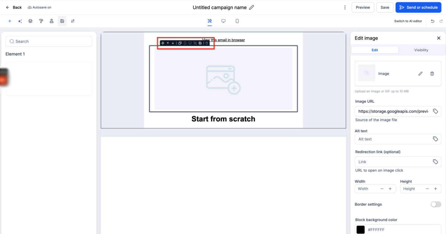 Email Builder toolbar and Edit/Visibility tabs shown when an image element is selected