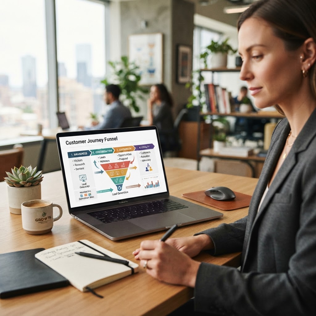 A laptop showing a marketing funnel diagram