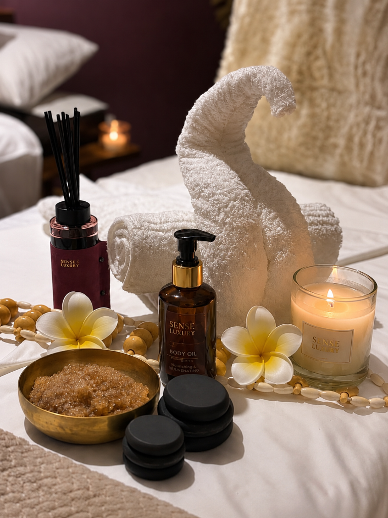 Luxury treatment setup with body oil, candle, flowers and towels