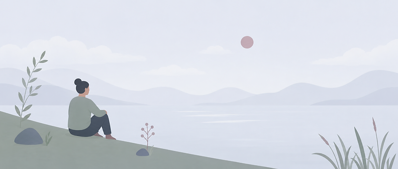 A serene landscape illustration of a person sitting by a body of water with misty mountains
