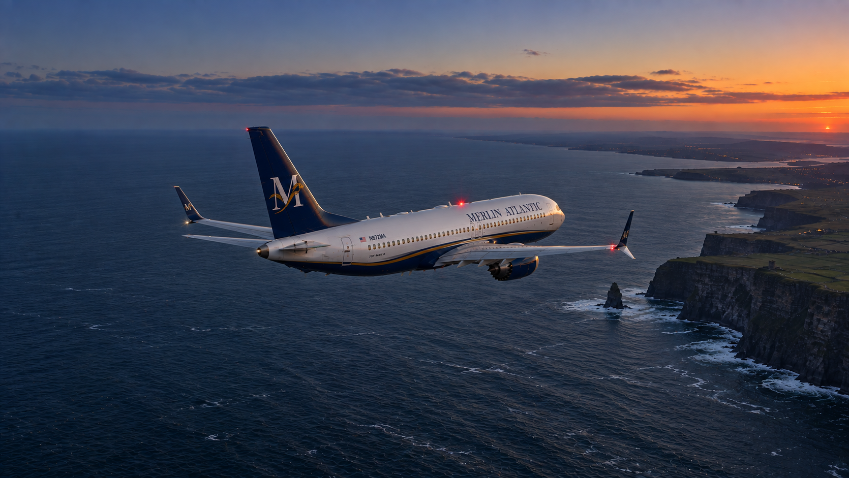 Aircraft in flight at twilight