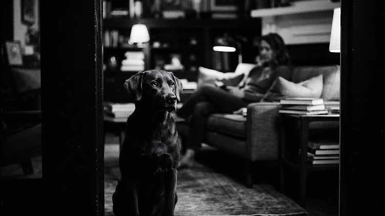 A trainer coaching a dog and its owner during a private in-home training session