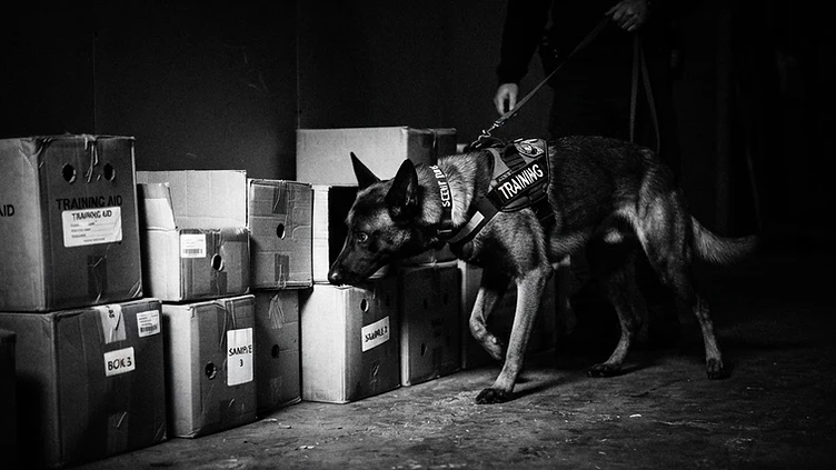A detection dog performing a structured scent search with its handler