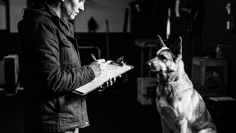 A canine behavior specialist reviewing client dog footage for a remote behavioral evaluation