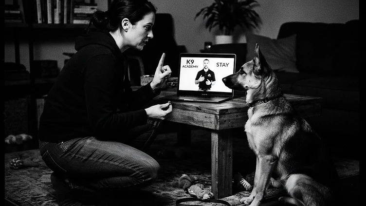 An owner training her dog at home with guided online video lessons