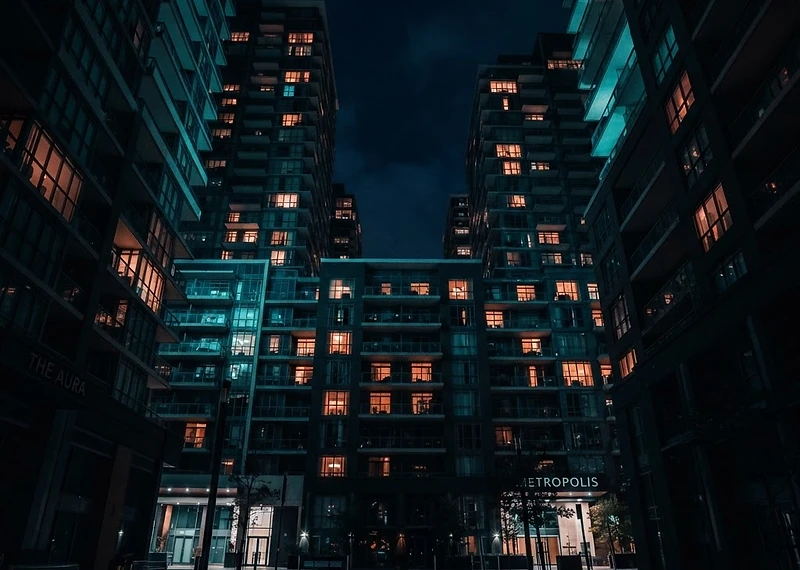Apartment buildings at night