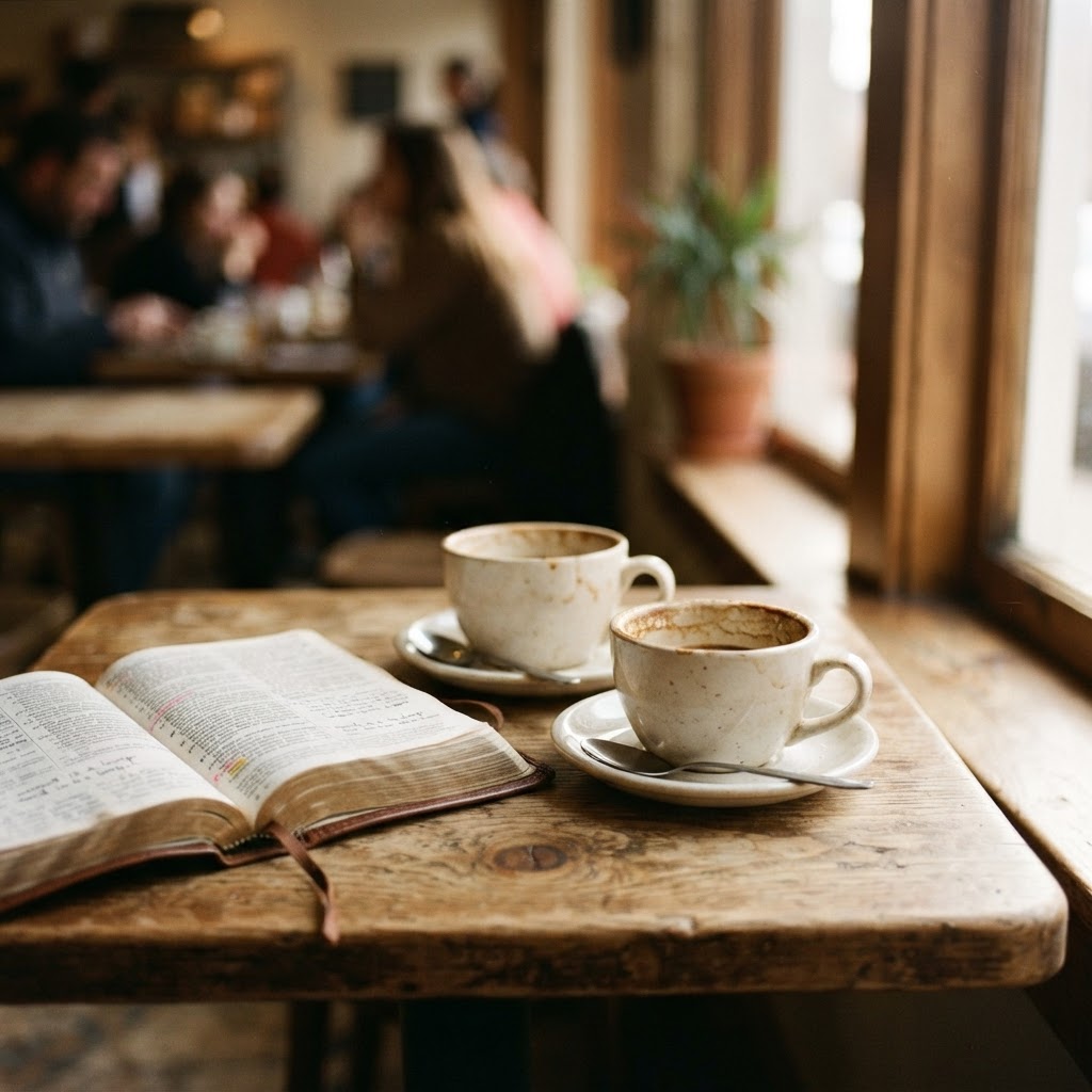 Two coffee cups on a café table beside an open Bible in warm window light