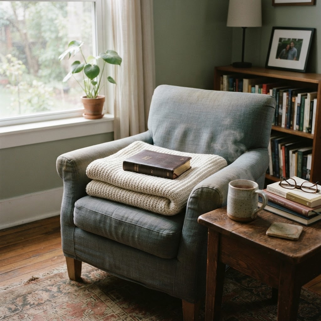 A closed Bible resting on a folded blanket in a quiet living room corner in soft Saturday morning light