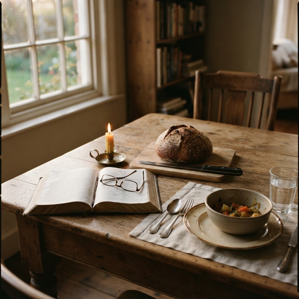 A rustic dinner table set with fresh bread, a lit candle, and an open Bible in golden evening light