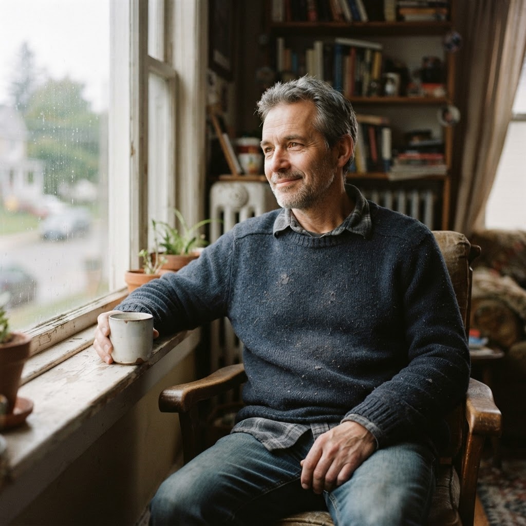 A warm candid portrait of an ordinary believer sitting by a window in natural light