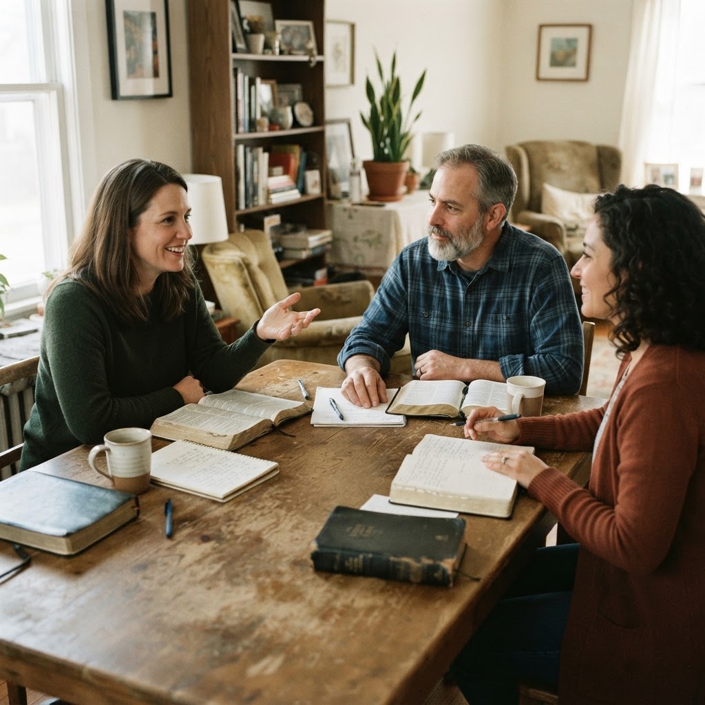 A small group gathered around a table in Bible study with open Bibles and notebooks