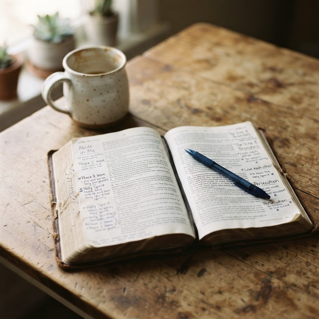 An open Bible with handwritten notes on a wooden table in soft morning light