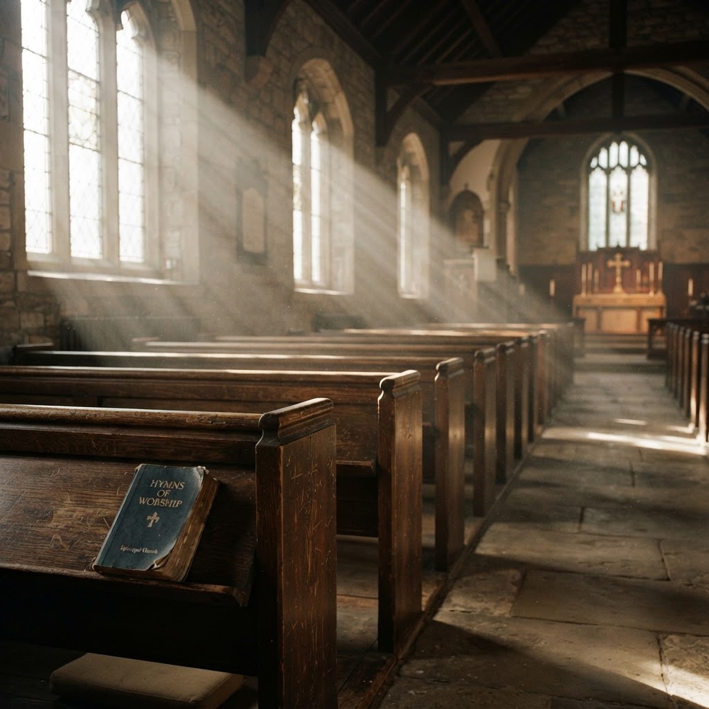 Sunlight streaming through tall windows onto empty wooden church pews with a hymnal on the front pew