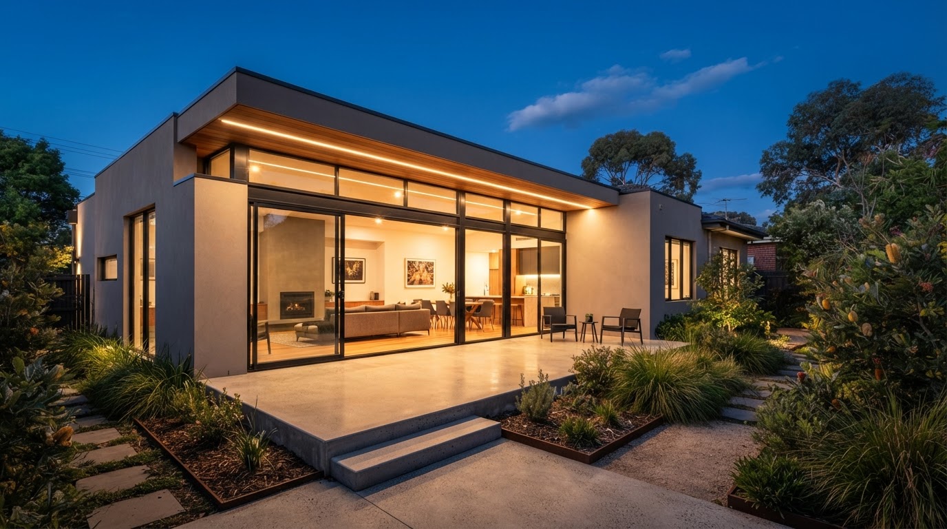 Modern house extension at dusk with warm interior lighting