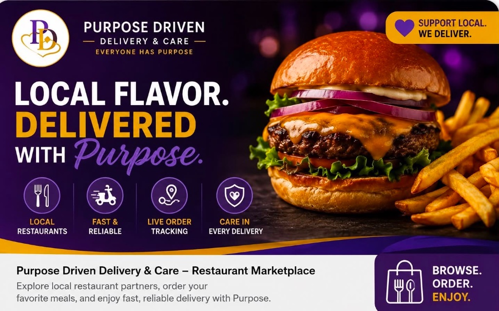 Purpose Driven Delivery & Care – Restaurant Marketplace. Local flavor, delivered with Purpose.
