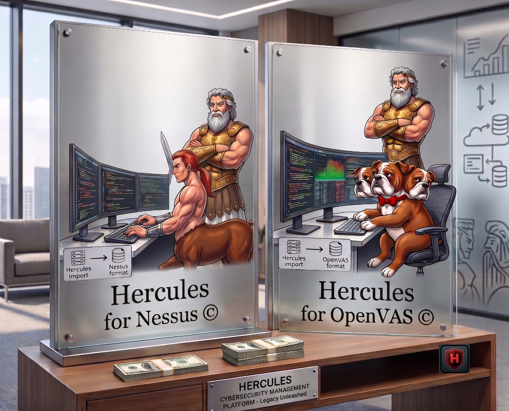 Hercules Compliance Cybersecurity Management Platform — Legacy Unleashed. Hercules Compliance for Nessus and Hercules Compliance for OpenVAS import panels.