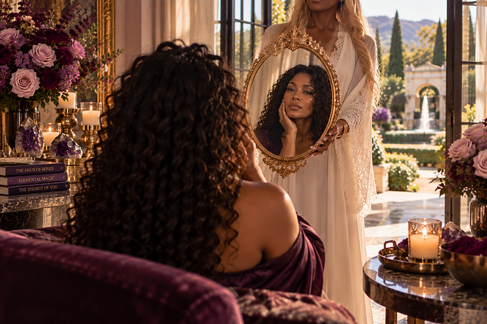 Madam Rose holding an antique mirror — a reflection of the work that is already ours