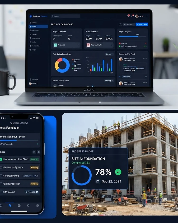 MAAD ProjectOS interface — dashboard, mobile task view, and site progress
