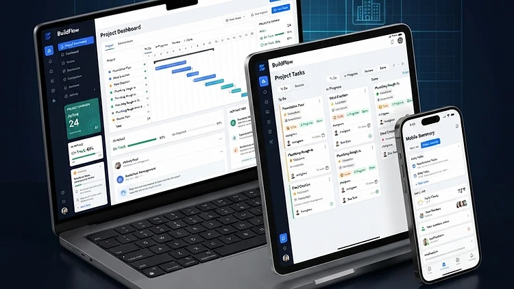 MAAD ProjectOS platform shown across laptop, tablet, and mobile devices