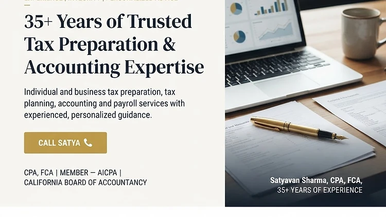 Satya Tax & Financial Reporting Inc. platform shown across laptop, tablet, and mobile devices