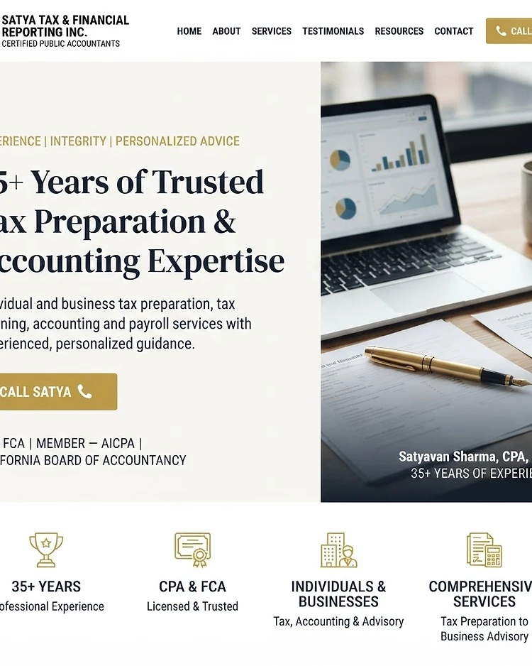 Satya Tax & Financial Reporting Inc. interface — dashboard, mobile task view, and site progress