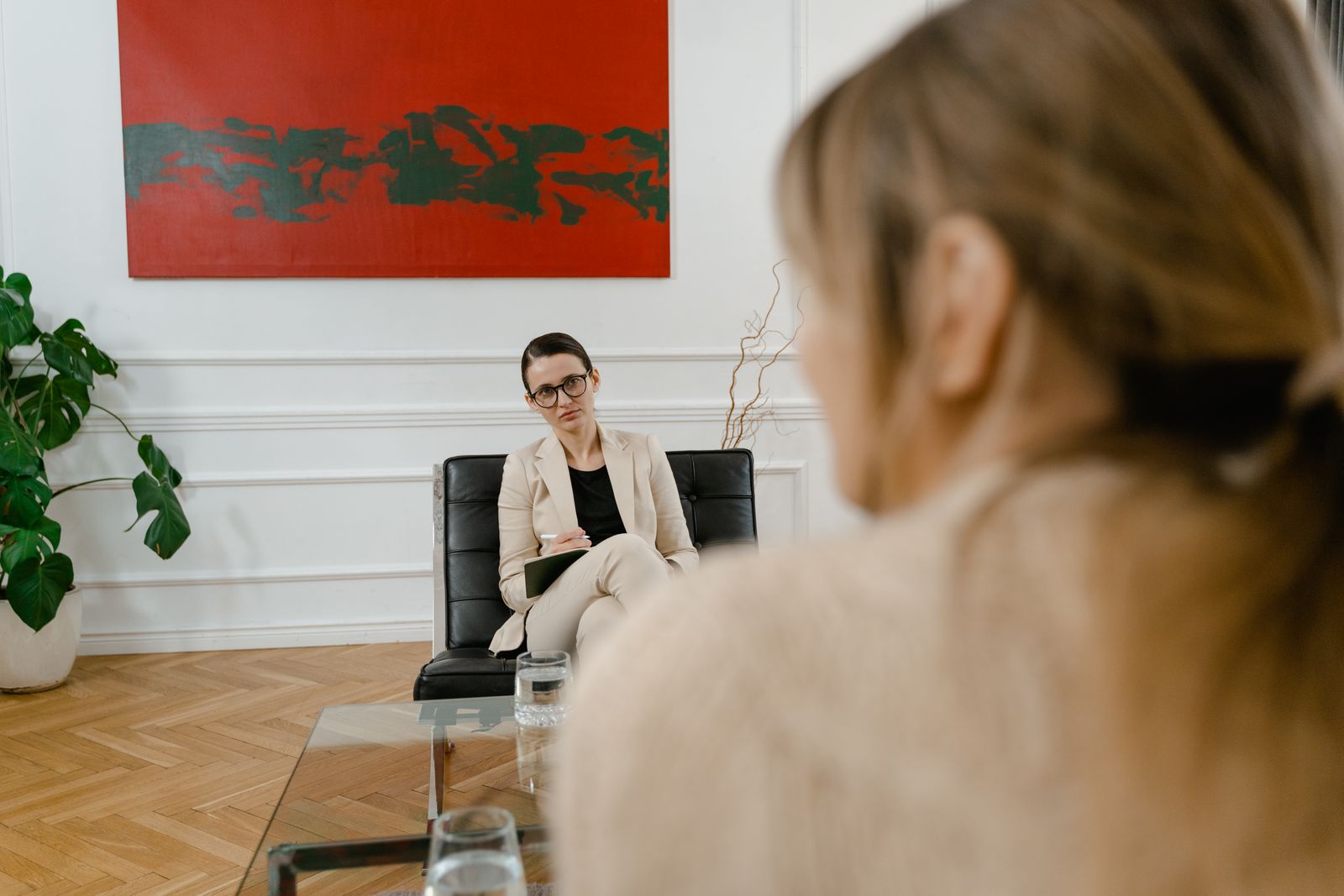 A counselor seated in a calm, bright office listening to a client