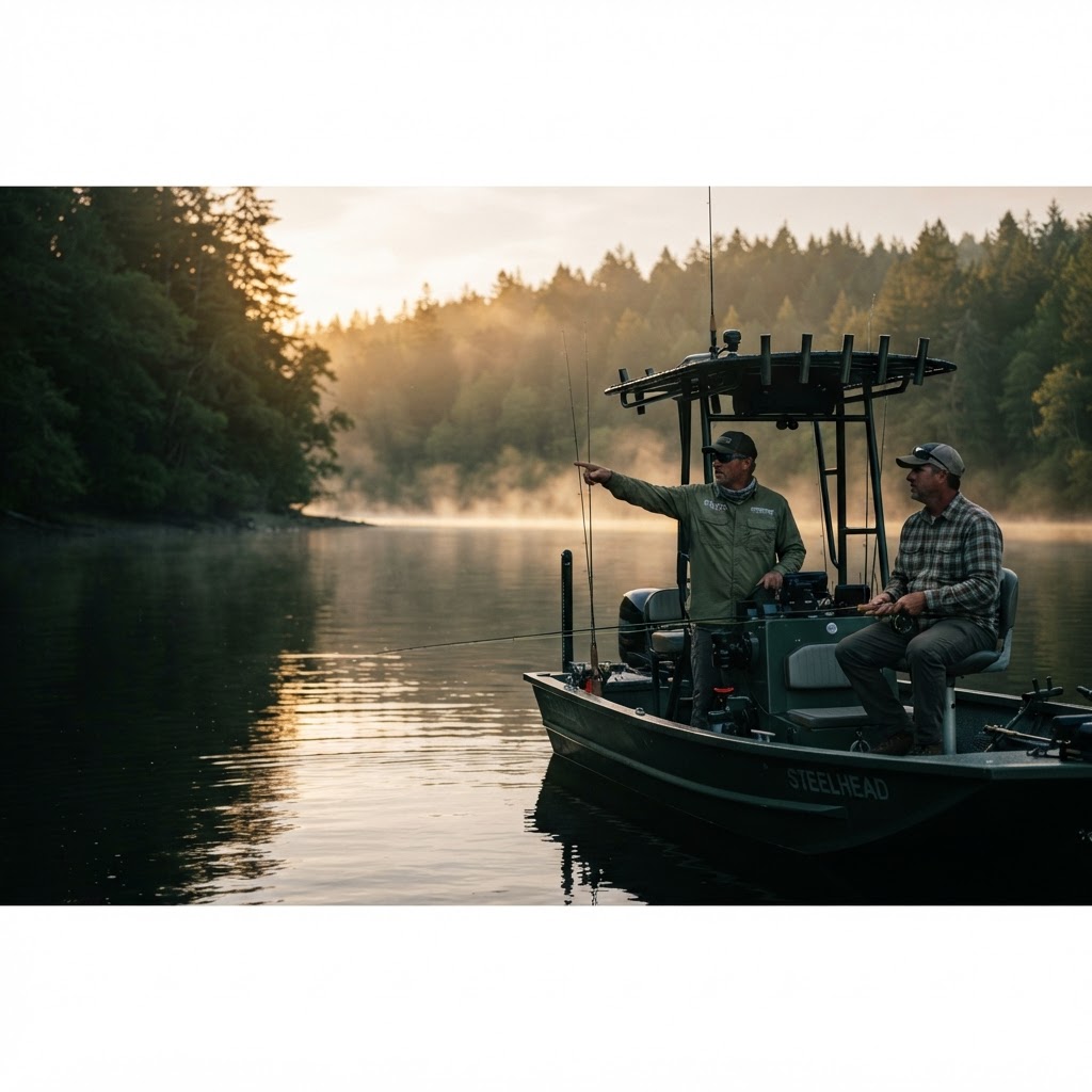 Captain Mason Reed guiding a bass trip at sunrise