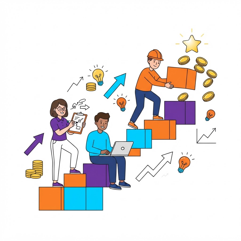 A team building a staircase toward profits
